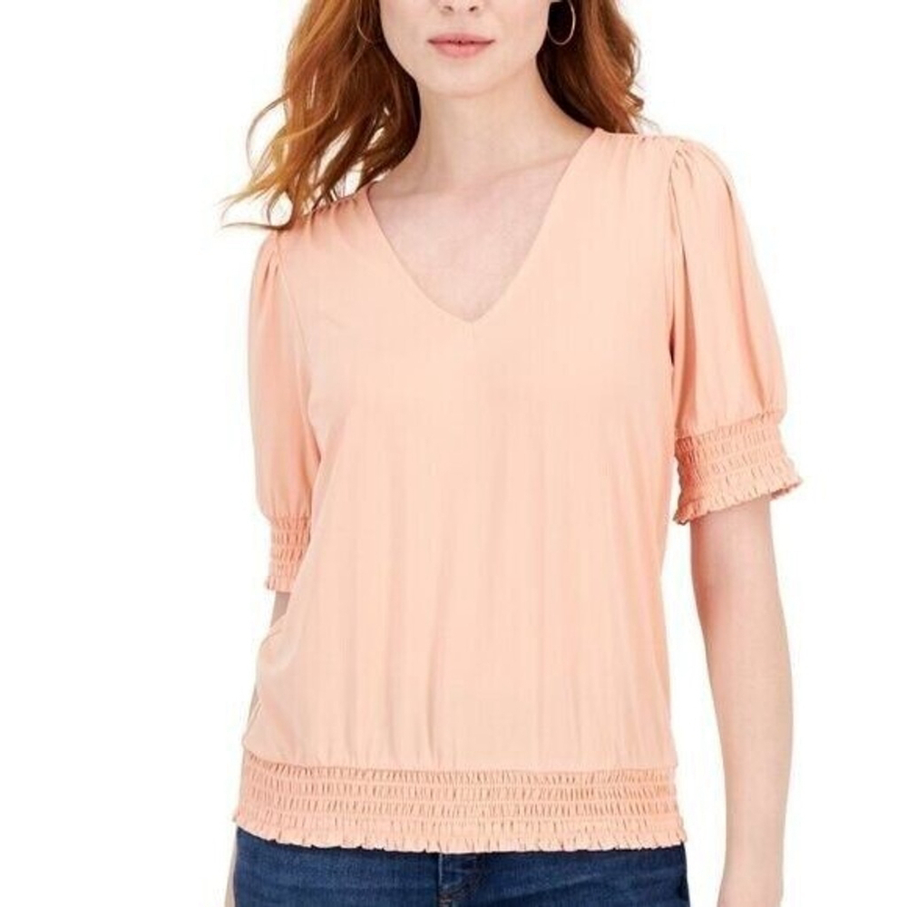 I.N.C. International Concepts Women's Medium Peach Pink Smocked-Trim Top NWT